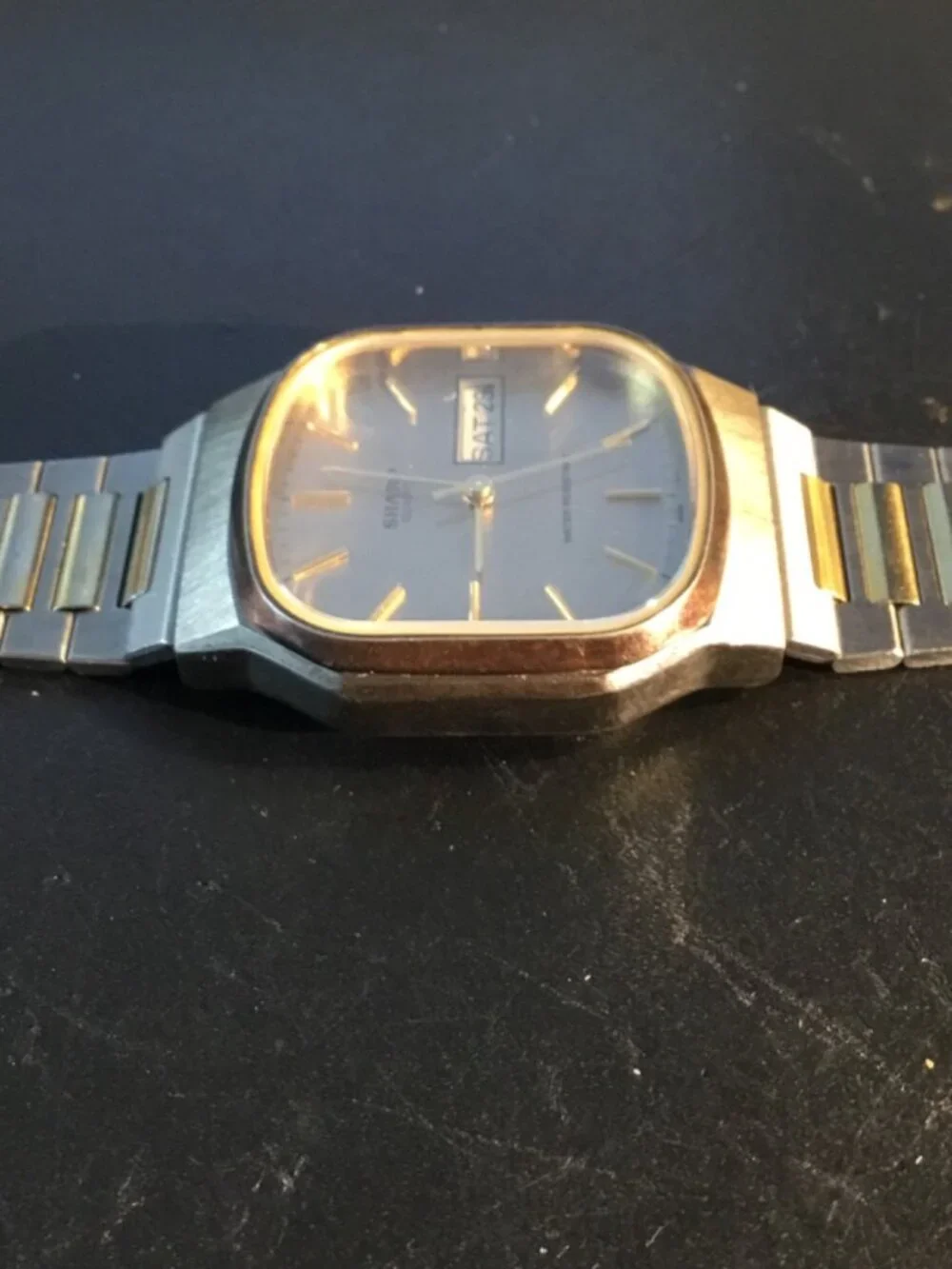 Vintage Sharp Men Dress Watch By Seiko Rectangle Tank Stainless Gold Tone,30mm
